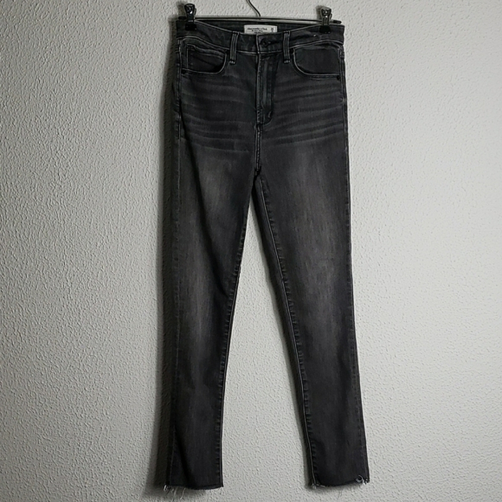 Abercrombie & Fitch Dark Gray Super Skinny Hugh Rise Jeans Raw Distressed Hem - Picture 2 of 14